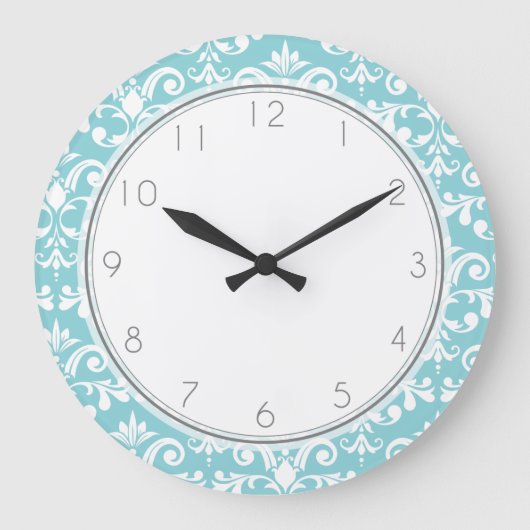 Aqua-blaues Damast-Muster-Muster Große Wanduhr (Vorderseite)