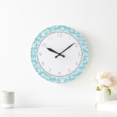 Aqua-blaues Damast-Muster-Muster Große Wanduhr (Zuhause)