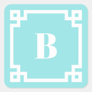 Aqua Blaues Griechisches Schlüsselrand-Monogramm Quadratischer Aufkleber