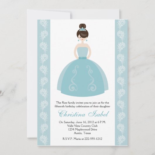 Aqua-blaues Kleidbrünette Quinceanera Einladungen (Vorderseite)