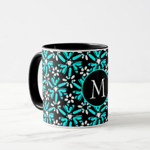 Aqua Blaues und schwarzes Batik-Blumenmuster-Monog Tasse