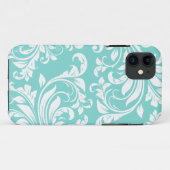 Aqua-blaues und weißes Damasked Muster Case-Mate iPhone Hülle (Rückseite (Horizontal))