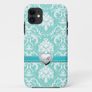 Aqua-blaues und weißes Damast-Muster mit Monogram Case-Mate iPhone Hülle