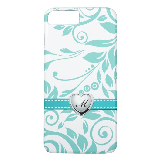 Aqua-blaues und weißes Damast-Muster mit Monogramm Case-Mate iPhone Hülle (Rückseite)