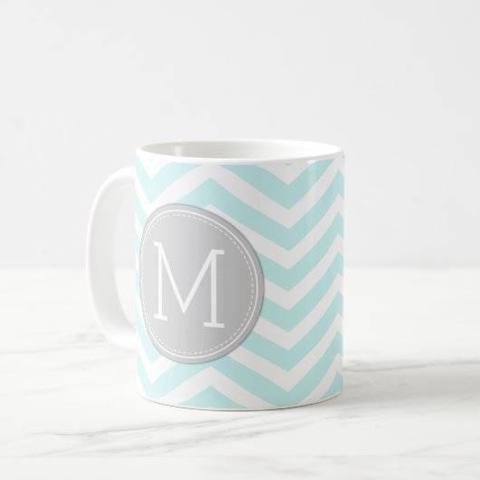 Aqua-blaues Zickzack Muster mit Monogramm Kaffeetasse (Vorderseite Links)