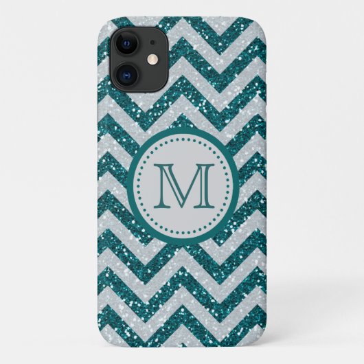 Aqua-blaues Zickzack silbernes Glitzer-Monogramm Case-Mate iPhone Hülle (Rückseite)