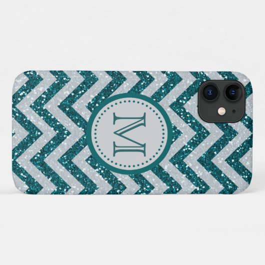 Aqua-blaues Zickzack silbernes Glitzer-Monogramm Case-Mate iPhone Hülle (Rückseite (Horizontal))