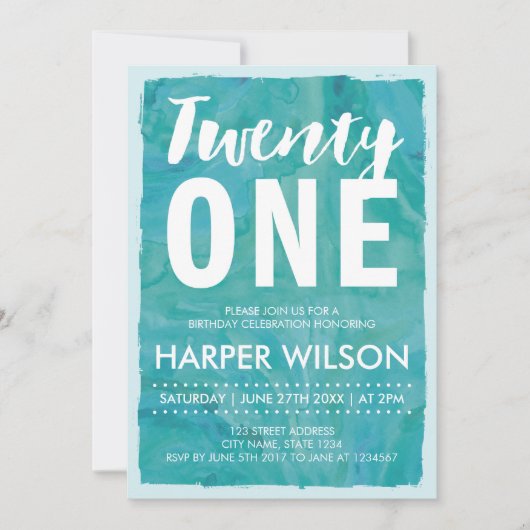 Aqua Blue 21. Geburtstag Einladung (Vorderseite)