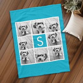 Aqua Blue 8 Foto Collage Custom Monogram Fleecedecke