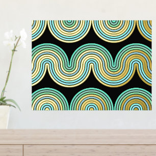 Aqua Blue Abstrakt Wave Lines Art Muster Gold Foliendrucke