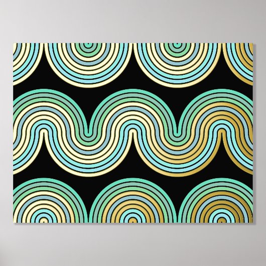 Aqua Blue Abstrakt Wave Lines Art Muster Gold Foliendrucke (Vorderseite)