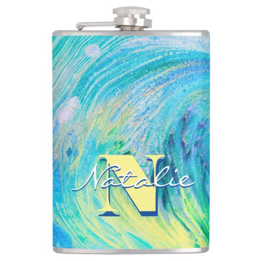 Aqua Blue Acrylic Flow Art Flask Flachmann (Vorderseite)