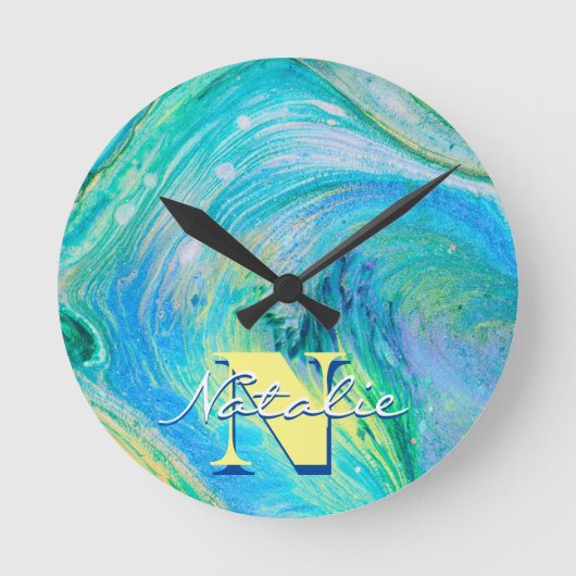 Aqua Blue Acrylic Flow Art Runde Wanduhr (Vorderseite)