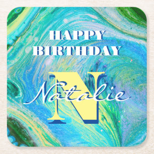 Aqua Blue Acrylic Flow Art Square Paper Untersetze Rechteckiger Pappuntersetzer