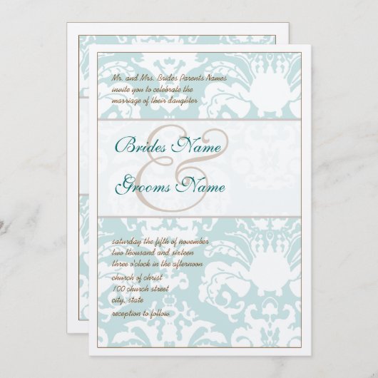 Aqua Blue and Brown Damask Hochzeitsempfehlung Einladung (Vorne/Hinten)