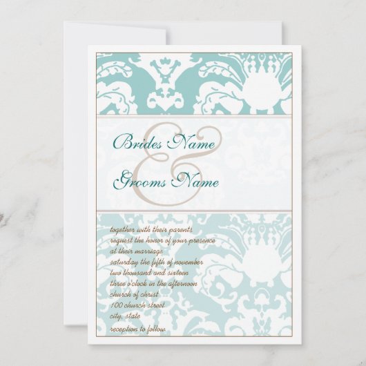 Aqua Blue and Brown Damask Hochzeitsempfehlung Einladung (Vorderseite)