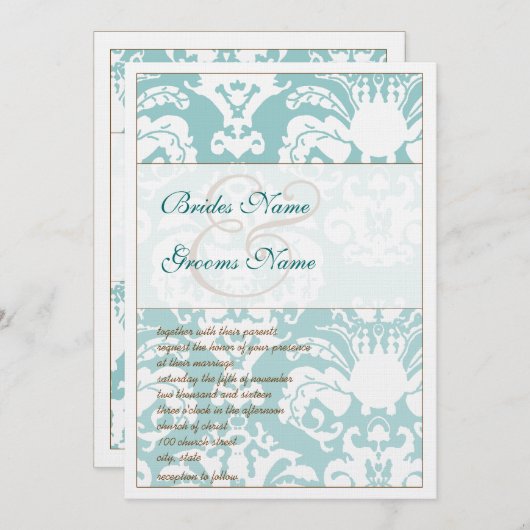 Aqua Blue and Brown Damask Hochzeitsempfehlung Einladung (Vorne/Hinten)