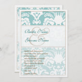 Aqua Blue and Brown Damask Hochzeitsempfehlung Einladung (Vorne/Hinten)