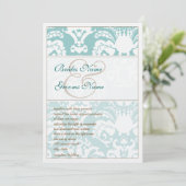 Aqua Blue and Brown Damask Hochzeitsempfehlung Einladung (Stehend Vorderseite)