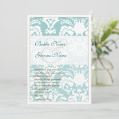 Aqua Blue and Brown Damask Hochzeitsempfehlung Einladung (Stehend Vorderseite)