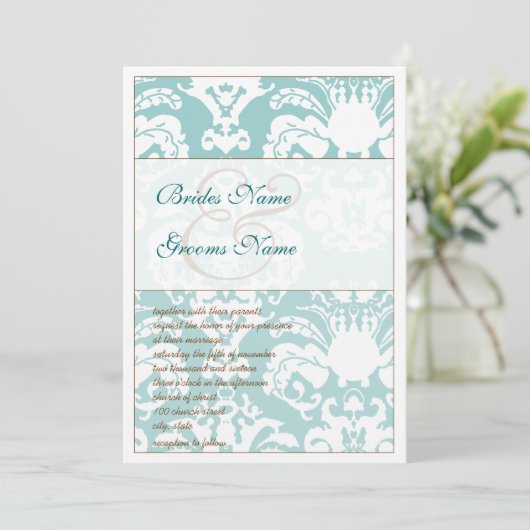 Aqua Blue and Brown Damask Hochzeitsempfehlung Einladung (Stehend Vorderseite)
