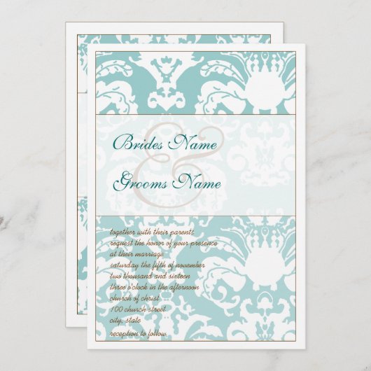 Aqua Blue and Brown Damask Hochzeitsempfehlung Einladung (Vorne/Hinten)