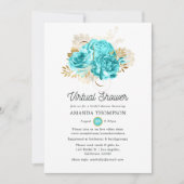 Aqua Blue and Gold Floral Virtual Dusche Einladung (Vorderseite)