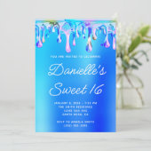 Aqua Blue and Pink Liquid Tropfen Sweet 16 Einladung (Stehend Vorderseite)