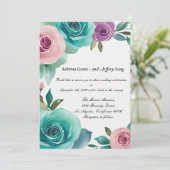 Aqua Blue and Pink Watercolor Rose Hochzeit Einladung (Stehend Vorderseite)