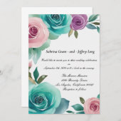 Aqua Blue and Pink Watercolor Rose Hochzeit Einladung (Vorne/Hinten)