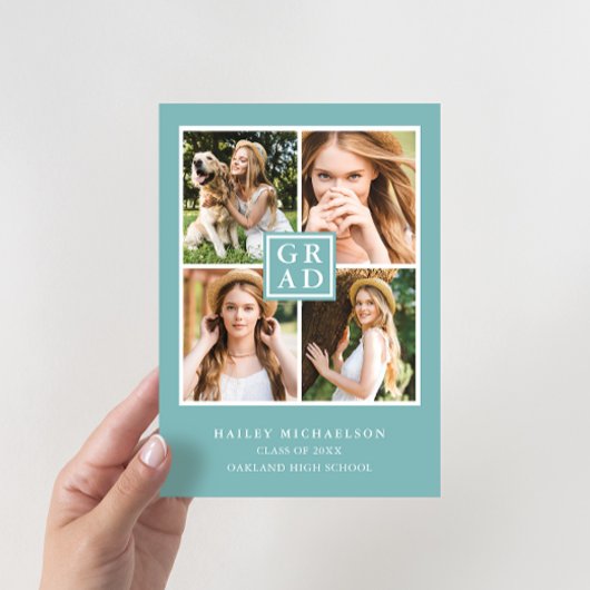 Aqua Blue and White Foto Collage Abschluss Einladung