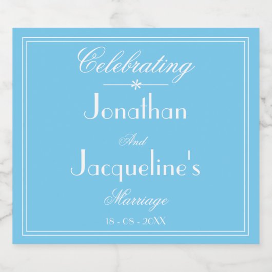 Aqua Blue and White Simple Chic Script Wedding Schaumweinetikett (Einzelnes Label)