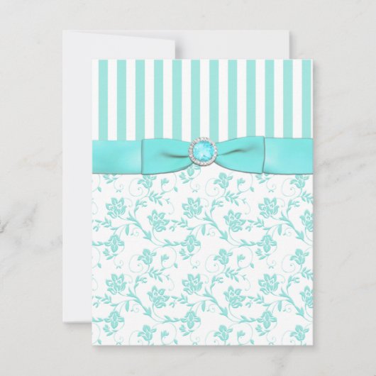 Aqua Blue and White Strip Floral RSVP Card (Vorderseite)