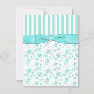 Aqua Blue and White Strip Floral RSVP Card Karte