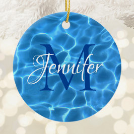 Aqua Blue and White Swimming Pool Foto Monogram Keramik Ornament