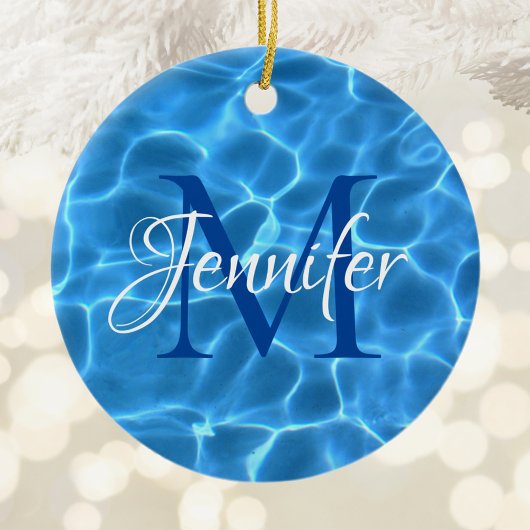 Aqua Blue and White Swimming Pool Foto Monogram Keramik Ornament