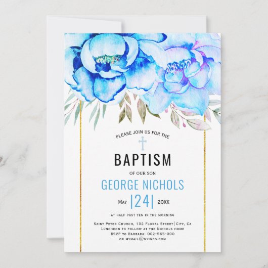 Aqua Blue Aqua Aquarell Blume Blumenjungen Taufe Einladung (Vorderseite)