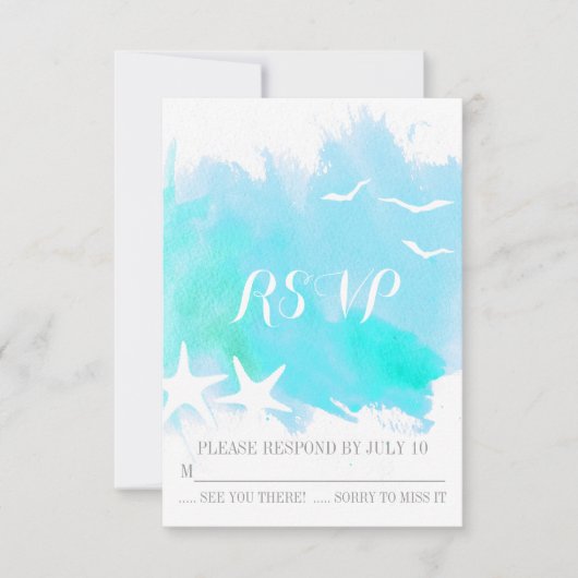 Aqua Blue Aqua Aquarell Splash, Seesternzeit RSVP Karte (Vorderseite)