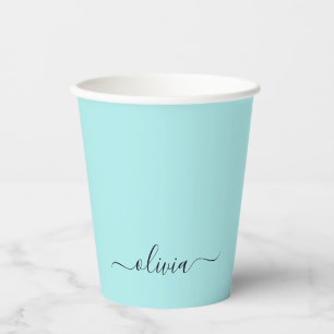 Aqua Blue Aquamarin Black Monogram Paper Cups Pappbecher