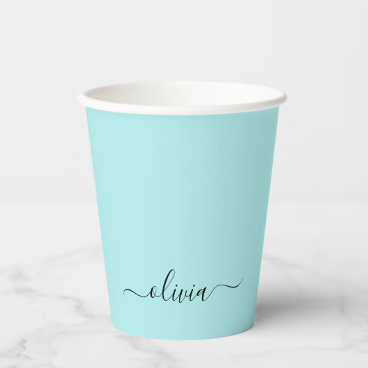 Aqua Blue Aquamarin Black Monogram Paper Cups Pappbecher (Vorderseite)