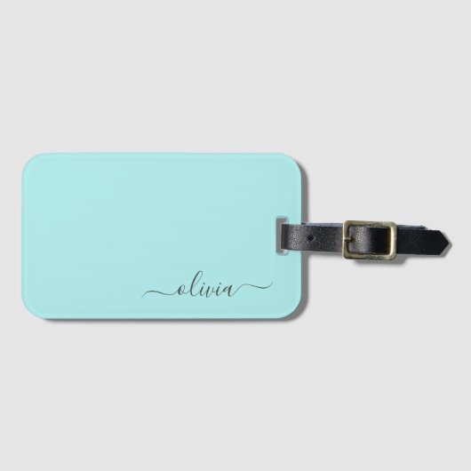 Aqua Blue Aquamarin Girly Script Monogram Name Mod Gepäckanhänger (Vorderseite (Horizontal))