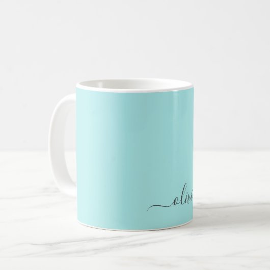 Aqua Blue Aquamarin Girly Script Monogram Name Mod Kaffeetasse (Vorderseite Links)