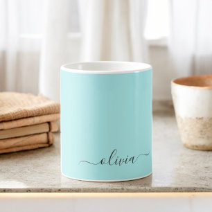 Aqua Blue Aquamarin Girly Script Monogram Name Mod Kaffeetasse
