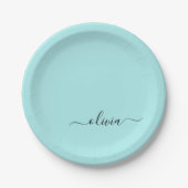 Aqua Blue Aquamarin Girly Script Monogram Name Mod Pappteller (Vorderseite)