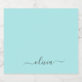 Aqua Blue Aquamarin Modern Script Monogram Name Alkoholflaschenetikett (Einzelnes Label)