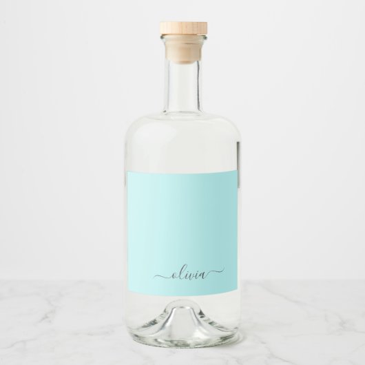 Aqua Blue Aquamarin Modern Script Monogram Name Alkoholflaschenetikett (Vorderseite)