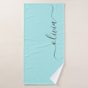 Aqua Blue Aquamarin Modern Script Monogram Name Badehandtuch
