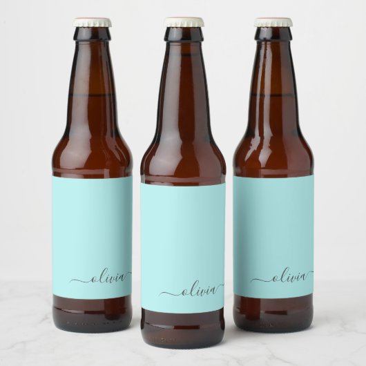Aqua Blue Aquamarin Modern Script Monogram Name Bierflaschenetikett (Flaschen)