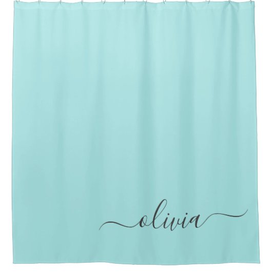 Aqua Blue Aquamarin Modern Script Monogram Name Duschvorhang (Vorderseite)