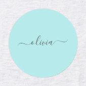 Aqua Blue Aquamarin Modern Script Monogram Name Etiketten (Design 1)